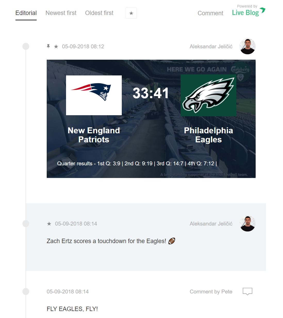 Live blogging American football