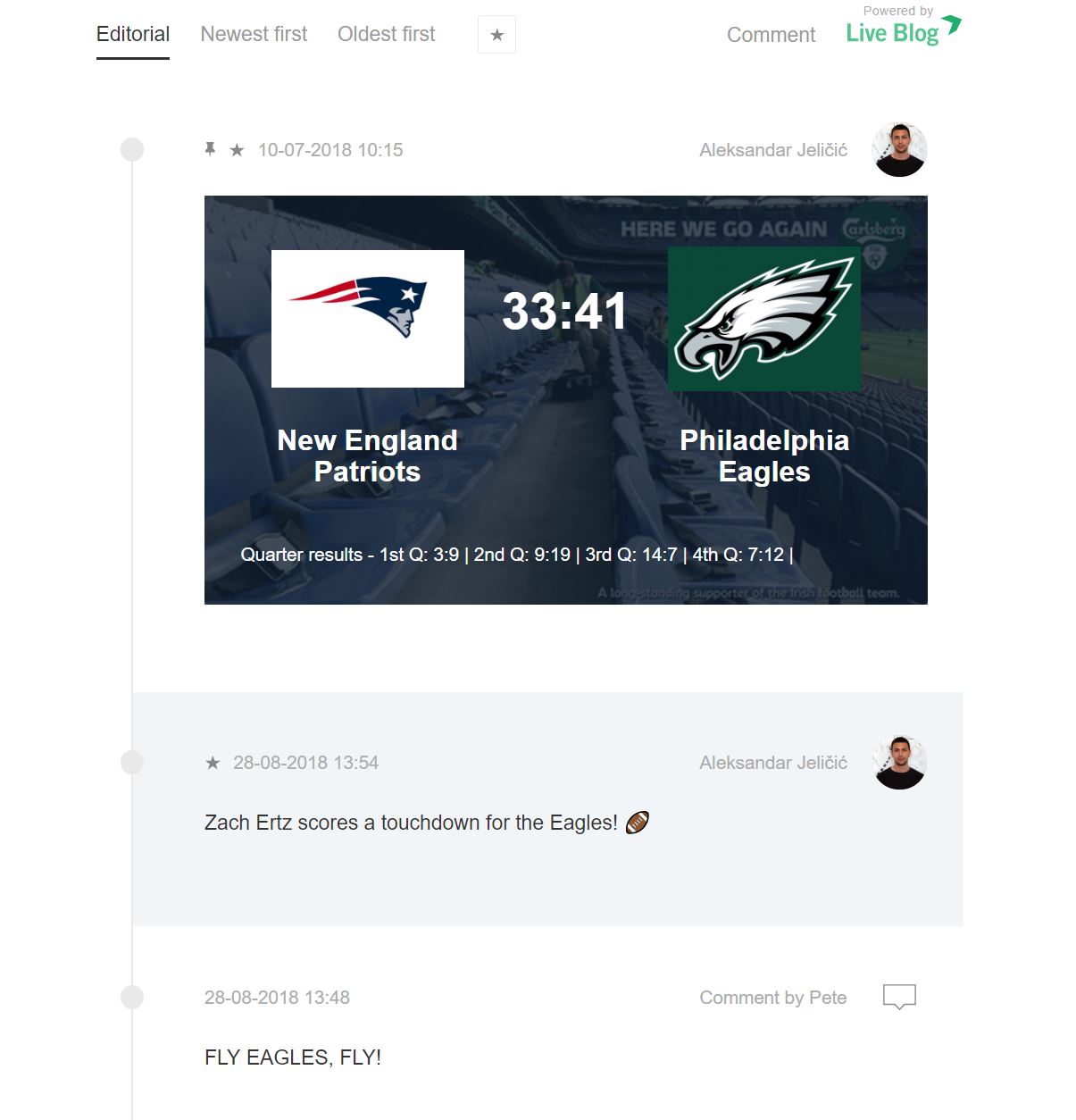 Live blogging an American football game