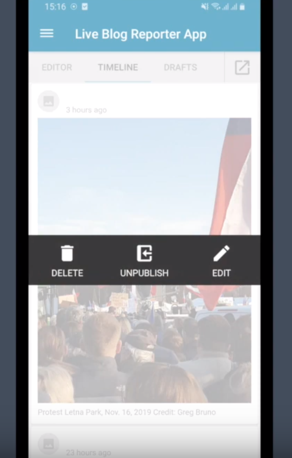 Live Blog Reporter app - Delete, unpublish or edit