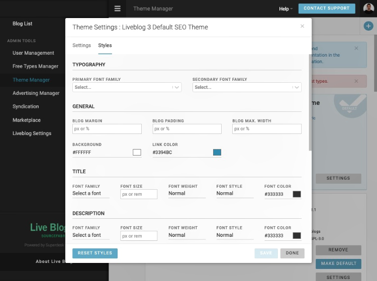 Theme Settings - Theme Styles Live Blog